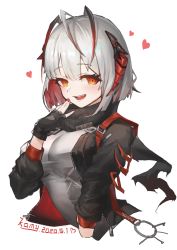 Rule 34 | 1girl, absurdres, ahoge, antennae, arknights, artist name, black gloves, black jacket, black scarf, breasts, cropped arms, cropped torso, dated, demon horns, fingerless gloves, gloves, grey shirt, hair between eyes, hand up, heart, highres, horns, jacket, kami otona, keyring, large breasts, long sleeves, looking at viewer, nail polish, open clothes, open jacket, red eyes, red nails, scarf, shirt, short hair, simple background, solo, upper body, w (arknights), white background