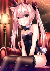 1girl animal_ears bare_shoulders black_leotard black_thighhighs blunt_bangs blush bow breasts cleavage commentary_request couch detached_collar fake_animal_ears fake_tail hair_horns hair_ribbon indoors kmcgold30 lamp leotard long_hair looking_at_viewer mashiko_kaoru on_couch pantyhose petite pink_hair playboy_bunny purple_eyes rabbit_ears ribbon sidelocks sitting small_breasts smile solo strapless strapless_leotard tail thighhighs toji_no_miko twintails