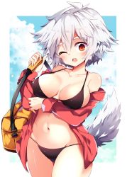 Rule 34 | 1girl, ;o, bag, bikini, black bikini, blue sky, blush, border, breasts, cloud, collarbone, commentary request, cowboy shot, day, groin, hair between eyes, hand up, highres, inubashiri momiji, jacket, large breasts, long sleeves, looking at viewer, maturiuta sorato, navel, no headwear, off shoulder, one eye closed, open clothes, open jacket, open mouth, outdoors, outside border, red eyes, red jacket, short hair, shoulder bag, silver hair, sky, solo, standing, stomach, swimsuit, tail, thighs, touhou, white border, wolf tail