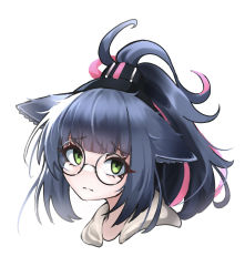 Rule 34 | 1girl, animal ears, arknights, bespectacled, blue hair, cat ears, cat girl, dr yamero, glasses, green eyes, headset, highres, jessica (arknights), looking at viewer, multicolored hair, pink hair, portrait, solo, streaked hair