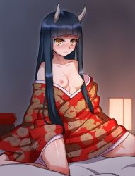 Rule 34 | 1girl, bare shoulders, black hair, blush, breasts, collarbone, demon girl, gradient background, hime cut, horns, japanese clothes, kimono, long hair, nipples, off shoulder, on bed, oni, orange eyes, sitting, small breasts, solar (solar0495)