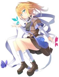 Rule 34 | 1girl, aqua eyes, bare shoulders, blonde hair, boots, bow, breasts, bug, butterfly, detached sleeves, female focus, full body, green eyes, highres, insect, kneehighs, legs, medium breasts, mizuhashi parsee, momiji oroshi, pointy ears, ponytail, ribbon, short hair, simple background, socks, solo, touhou, transparent background, white socks