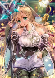 Rule 34 | 1girl, armpit crease, belt, blonde hair, blurry, blurry background, book, book on lap, breasts, chair, chomose, collarbone, commentary request, detached sleeves, dress, duel monster, genni (yu-gi-oh!), glasses, green dress, green eyes, green sleeves, green thighhighs, hair between eyes, hair intakes, head tilt, holding, holding staff, insignia, lamp, large breasts, light particles, long hair, looking at viewer, open book, servant of endymion, signature, sitting, sleeves past wrists, smile, solo, staff, thighhighs, twitter username, two-tone dress, wide sleeves, witchcrafter genni, yu-gi-oh!, zettai ryouiki