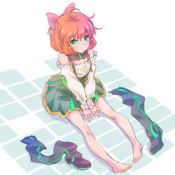 Rule 34 | 1girl, ahoge, bare shoulders, barefoot, boots, unworn boots, curly hair, detached sleeves, feet, freckles, green eyes, hair between eyes, hair ribbon, highres, iesupa, looking at viewer, orange hair, penny polendina, pink ribbon, ribbon, rwby, short hair, sketch, solo, suspenders, thigh boots, thighhighs, v arms, wrist cuffs