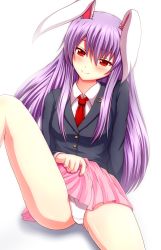 Rule 34 | animal ears, clothes lift, highres, lifting own clothes, long hair, mofupaka, naughty face, necktie, panties, panties day, pantyshot, pleated skirt, purple hair, rabbit ears, red eyes, reisen udongein inaba, simple background, sitting, skirt, skirt lift, smile, solo, touhou, underwear, very long hair, white background