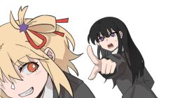 Rule 34 | 2girls, black hair, black jacket, blonde hair, blush, bright pupils, chinese commentary, collared shirt, commentary request, grin, hair ornament, hair ribbon, highres, inoue takina, jacket, long hair, long sleeves, looking at another, lycoris recoil, medium hair, multiple girls, nishikigi chisato, one side up, open mouth, orange eyes, pointing, pointing at another, purple eyes, red ribbon, ribbon, school uniform, shirt, simple background, smile, star (symbol), star hair ornament, sweatdrop, white background, white pupils, white shirt, yanlingjinshilihuahua