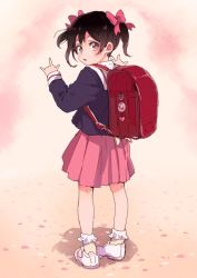 Rule 34 | 1girl, aged down, backpack, bag, black hair, bobby socks, bow, commentary request, crime prevention buzzer, double m/, edanaka (abcm), from behind, full body, hair bow, long sleeves, looking at viewer, looking back, love live!, love live! school idol project, m/, nico nico nii, petals, pink bow, pink skirt, pleated skirt, randoseru, red eyes, school uniform, shoes, skirt, sneakers, socks, solo, standing, twintails, white footwear, white socks, yazawa nico