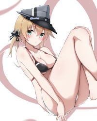 Rule 34 | absurdres, anchor hair ornament, aqua eyes, bikini, bikini pull, blonde hair, breasts, cleavage, clothes pull, hair ornament, hat, highres, honma (honmatomohiro), kantai collection, large breasts, long hair, low twintails, military hat, panties, panty pull, peaked cap, prinz eugen (kancolle), simple background, solo, swimsuit, twintails, underwear