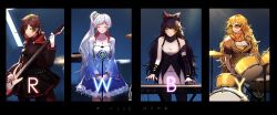Rule 34 | 4girls, absurdres, ahivemind, amplifier, blake belladonna, blonde hair, boots, bow, breasts, brown hair, cape, cleavage, closed eyes, copyright name, drum, drum set, gothic lolita, grey eyes, hair bow, highres, hood, instrument, instrument request, keyboard (instrument), lolita fashion, long hair, medium breasts, microphone stand, multicolored hair, multiple girls, ponytail, red hair, ruby (vocaloid), ruby rose, rwby, scarf, short hair, smile, sunglasses, vocaloid, weiss schnee, yang xiao long, yellow eyes
