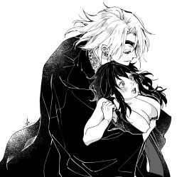 Rule 34 | 1boy, 1girl, and rira, arm under breasts, blush, breasts, couple, crystal, earrings, eyepatch, from above, from side, greyscale, hand up, haori, height difference, hetero, hug, hug from behind, husband and wife, japanese clothes, jewelry, kimetsu no yaiba, kimono, large breasts, long hair, long sleeves, looking at another, monochrome, one eye covered, open mouth, short hair, signature, smile, suma (kimetsu no yaiba), surprised, uzui tengen