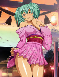 Rule 34 | 1girl, ahoge, alternate costume, aqua hair, breasts, cleavage, clothes lift, collarbone, cowboy shot, dusk, floral print, green eyes, hair between eyes, ikkitousen, japanese clothes, kimono, large breasts, lifting own clothes, long hair, long sleeves, miniskirt, off shoulder, orange sky, panties, panty peek, parted lips, pink kimono, pink skirt, pleated skirt, print skirt, print sleeves, ryofu housen, shiny skin, skirt, skirt lift, sky, smile, solo, standing, thigh gap, torii, twintails, underwear, wide sleeves