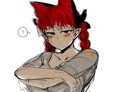 Rule 34 | 1girl, ?, animal ears, blush, bow, braid, cat ears, crossed arms, expressionless, extra ears, half-closed eyes, jitome, kaenbyou rin, looking at viewer, mizuga, multiple tails, pointy ears, red eyes, red hair, simple background, sketch, solo, spoken question mark, tail, touhou, twin braids, undressing, upper body, white background