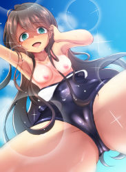 Rule 34 | 0141zucker, 1girl, arm up, armpits, blush, breasts, brown hair, clothes pull, green eyes, highres, long hair, looking at viewer, looking down, nipples, one-piece swimsuit, one-piece swimsuit pull, open mouth, school swimsuit, small breasts, smile, solo, swimsuit, tamasaka makoto, tokyo 7th sisters, very long hair