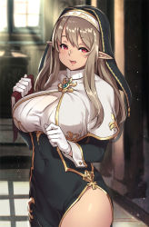 Rule 34 | 1girl, :d, blush, book, breasts, covered navel, elf, female focus, gloves, grey hair, habit, houtengeki, large breasts, long hair, looking at viewer, nun, open mouth, original, pelvic curtain, pointy ears, red eyes, smile, solo, white gloves