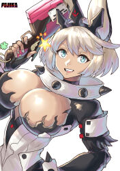 Rule 34 | 1girl, ahoge, animal ears, artist name, blue eyes, bracelet, breasts, chikoinochi, cleavage, cleavage cutout, clothing cutout, clover, collar, elphelt valentine, fake animal ears, four-leaf clover, grey hair, guilty gear, guilty gear xrd, gun, hand on own hip, handgun, highres, holding, holding gun, holding weapon, huge ahoge, jewelry, large breasts, looking at viewer, open mouth, rabbit ears, short hair, solo, spiked bracelet, spiked collar, spikes, star (symbol), teeth, weapon