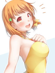 Rule 34 | 1girl, ahoge, braid, casual one-piece swimsuit, clover hair ornament, hair ornament, hands on own face, highres, hitotsuki no yagi, love live!, love live! school idol festival, love live! sunshine!!, one-piece swimsuit, open mouth, orange hair, red eyes, ribbon, short hair, side braid, smile, solo, swimsuit, takami chika, teeth, two-tone background, upper body, upper teeth only, white background, yellow ribbon, yellow one-piece swimsuit