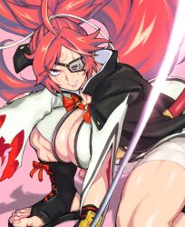 Rule 34 | 1girl, baiken, big hair, black jacket, black kimono, breasts, cleavage, eyepatch, facial tattoo, guilty gear, guilty gear strive, highres, hori shin, jacket, jacket on shoulders, japanese clothes, katana, kimono, large breasts, long hair, looking at viewer, multicolored clothes, multicolored kimono, muscular, muscular female, one-eyed, open clothes, open kimono, ponytail, red eyes, red hair, samurai, sandals, scar, scar across eye, scar on face, smile, sword, tattoo, thick thighs, thighs, toenails, toes, torn sleeve, weapon, white kimono