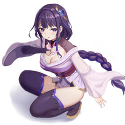 Rule 34 | 1girl, absurdres, blunt bangs, blush, braid, breasts, full body, genshin impact, hair ornament, highres, holding hands, japanese clothes, large breasts, long hair, loveqilaikui, mole, mole under eye, open mouth, purple eyes, purple hair, raiden shogun, simple background, squatting, sword, thighhighs, weapon, white background, wide sleeves