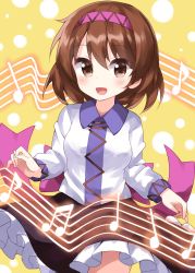 Rule 34 | 1girl, :d, beamed eighth notes, black skirt, brown eyes, brown hair, commentary request, cowboy shot, dotted background, eighth note, frilled skirt, frills, hairband, highres, long sleeves, looking at viewer, musical note, open mouth, pink hairband, quarter note, ruu (tksymkw), shirt, short hair, skirt, smile, solo, standing, touhou, tsukumo yatsuhashi, white shirt, yellow background