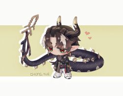 Rule 34 | 1boy, arknights, bellsichmidt, black gloves, black jacket, brown background, brown hair, character name, chibi, chong yue (arknights), commentary, dragon boy, dragon horns, dragon tail, drop shadow, full body, gloves, grey background, heart, highres, horns, jacket, male focus, multicolored hair, pants, pointy ears, red eyes, shoes, solo, standing, streaked hair, symbol-only commentary, tail, two-tone background, white footwear, white hair, white pants
