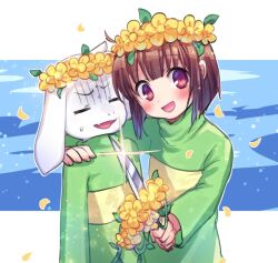 Rule 34 | 1boy, 1girl, asriel dreemurr, blue sky, brown hair, chara (undertale), closed eyes, flower, goat boy, green sweater, hair flower, hair ornament, head tilt, holding, holding flower, holding knife, knife, looking at viewer, open mouth, red eyes, sky, smile, striped clothes, striped sweater, sweat, sweater, undertale, white background, xox xxxxxx, yellow flower