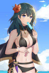 Rule 34 | 1girl, absurdres, bikini, black bikini, blue eyes, blue hair, blue sky, breasts, byleth (female) (fire emblem), byleth (female) (summer) (fire emblem), byleth (fire emblem), cleavage, cloud, coletta (colet colettia), dagger, day, fire emblem, fire emblem: three houses, fire emblem heroes, flower, food, hair flower, hair ornament, highres, holding, knife, looking at viewer, medium breasts, nail polish, nintendo, official alternate costume, popsicle, sheath, sheathed, sky, solo, swimsuit, weapon