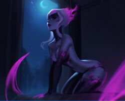 Rule 34 | 1girl, all fours, black skin, colored skin, crescent moon, evelynn (league of legends), grey hair, grey skin, half-closed eyes, league of legends, looking at viewer, moon, moonlight, night, open door, parted lips, pink hair, pink skin, red lips, shiny skin, sidelocks, solo, vatheja