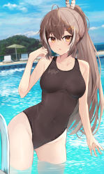 Rule 34 | 1girl, ahoge, bare arms, bare shoulders, black one-piece swimsuit, breasts, brown eyes, brown hair, brown one-piece swimsuit, covered navel, cowboy shot, day, feather hair ornament, feathers, hair between eyes, hair ornament, hairclip, highres, hololive, hololive english, leaning to the side, long hair, looking at viewer, medium breasts, multicolored hair, nanashi mumei, one-piece swimsuit, parted lips, pool, shuuzo3, solo, standing, streaked hair, swimsuit, very long hair, virtual youtuber, wading, water, white hair