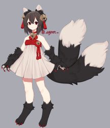 Rule 34 | 1girl, absurdres, alternate costume, animal ears, animal hands, bell, brown hair, cat ears, cat feet, cat paws, cat tail, chen, claws, dress, egret, fluffy, grey background, highres, multiple tails, nail polish, neck bell, nekomata, no headwear, red eyes, red nails, short hair, signature, simple background, solo, sundress, tail, tassel, touhou, two tails
