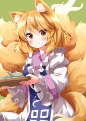 Rule 34 | 1girl, animal ears, blonde hair, blush, closed mouth, dress, fox ears, fox tail, frilled sleeves, frills, highres, holding, holding tray, long sleeves, looking at viewer, multiple tails, ruu (tksymkw), short hair, smile, solo, tabard, tail, touhou, tray, white dress, wide sleeves, yakumo ran, yellow eyes