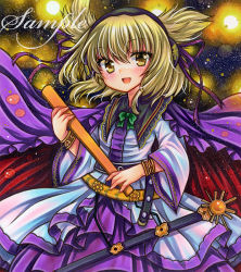 Rule 34 | 1girl, :d, belt, blonde hair, blush, bracelet, cape, cowboy shot, dress, earmuffs, embellished costume, frilled cape, hair ribbon, hand up, holding, jewelry, long sleeves, looking at viewer, marker (medium), medium hair, open mouth, pointy hair, purple cape, purple dress, purple ribbon, red cape, ribbon, ritual baton, rui (sugar3), sample watermark, sheath, sheathed, smile, solo, standing, touhou, toyosatomimi no miko, traditional media, two-sided cape, two-sided fabric, two-tone dress, watermark, white dress, wide sleeves, yellow eyes