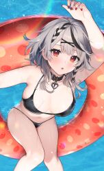 Rule 34 | 1girl, absurdres, arm up, bare shoulders, bikini, black bikini, black collar, black hair, blush, braid, breasts, collar, floating, floating object, grey hair, hair ornament, hairclip, haru (re ilust), highres, hololive, innertube, large breasts, looking at viewer, lying, medium hair, multicolored hair, nail polish, navel, open mouth, parted lips, red eyes, red nails, sakamata chloe, solo, streaked hair, swim ring, swimsuit, two-tone hair, virtual youtuber, water, x hair ornament