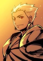 Rule 34 | 1boy, armor, blonde hair, earrings, fate/grand order, fate/stay night, fate (series), gilgamesh (fate), gradient background, hair slicked back, ishida akira, jewelry, male focus, monochrome, nose, portrait, red eyes, short hair, solo, spot color