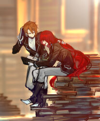 Rule 34 | 1boy, 1girl, black footwear, black jacket, book, book stack, boots, brown hair, gloves, holding, holding book, jacket, librarian (project moon), library of ruina, long hair, long sleeves, nishikujic, open mouth, pants, project moon, reading, red eyes, red hair, shirt, sitting, smile, very long hair, white gloves, white pants, white shirt