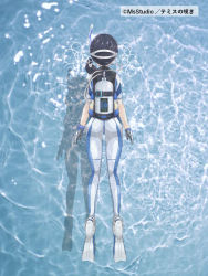 Rule 34 | 1girl, arms at sides, artist name, blue bodysuit, bodysuit, bubble, commentary, diving mask, diving suit, flippers, from above, from behind, from side, full body, goggles, hairband, highres, hose, long hair, original, ponytail, scuba gear, scuba tank, snorkel, swimming, temisu no nageki, thigh gap, underwater, wetsuit, white bodysuit, zoom layer