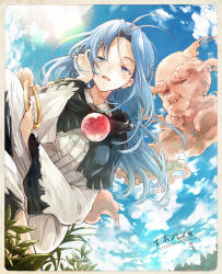 Rule 34 | 1boy, 1girl, blue eyes, blue hair, border, capelet, center frills, cloud, fisheye, frills, half-closed eyes, hand in own hair, hisona (suaritesumi), jewelry, kumoi ichirin, lens flare, long hair, looking at viewer, looking up, no headwear, open mouth, pendant, plant, ring, sky, touhou, tree, unzan, wide sleeves