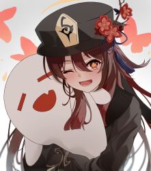 Rule 34 | 1girl, ;d, black coat, black hat, boo tao (genshin impact), brown hair, bureoeve, coat, commentary request, flower, flower-shaped pupils, genshin impact, ghost, hair between eyes, hat, hat flower, hat tassel, highres, hu tao (genshin impact), hug, long hair, long sleeves, looking at viewer, one eye closed, open mouth, orange eyes, red flower, simple background, smile, solo, symbol-shaped pupils, upper body, white background