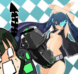 Rule 34 | 10s, 2girls, black hair, black rock shooter, black rock shooter (character), blue eyes, breasts, cannon, censored, dead master, dildo, futanari, glowing, glowing eyes, hibimegane, long hair, multiple girls, navel, nipples, sexually suggestive, strap-on, topless, twintails, very long hair, you gonna get raped