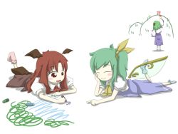 Rule 34 | 3girls, :d, ^ ^, aged down, arm up, bat wings, blush stickers, bow, chibi, child&#039;s drawing, closed eyes, crayon, daiyousei, detached sleeves, detached wings, fairy wings, frog hair ornament, full body, green hair, hair bow, hair ornament, happy, head wings, koakuma, kochiya sanae, leg up, lying, multiple girls, necktie, no shoes, on stomach, open mouth, peconica, pointing, puffy short sleeves, puffy sleeves, red eyes, red hair, red necktie, short sleeves, side ponytail, simple background, skirt, skirt set, smile, snake hair ornament, socks, standing, torii, touhou, vest, white background, wide sleeves, wings