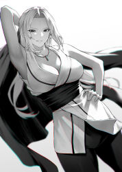 1girl arm_behind_head armpits bare_shoulders breasts cleavage collarbone commentary_request facial_mark forehead_mark gradient_background grey_background greyscale hand_on_own_hip highres japanese_clothes jewelry large_breasts light_smile long_hair looking_at_viewer monochrome mugetsu2501 naruto naruto_(series) necklace parted_lips sleeveless smile solo standing tsunade_(naruto)