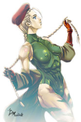 Rule 34 | 1girl, abs, ahoge, antenna hair, b madrid, beret, blonde hair, blue eyes, bodypaint, braid, breasts, cammy white, camouflage, capcom, collarbone, covered navel, covered erect nipples, fingerless gloves, gloves, green leotard, hat, highleg, highleg leotard, highres, huge ahoge, impossible clothes, leotard, long coat, long hair, muscular, muscular female, off shoulder, skin tight, solo, street fighter, thick thighs, thighs, thong leotard, twin braids, undressing, white background