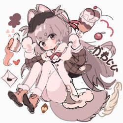 Rule 34 | 1girl, animal ears, animal hands, beret, blush, blush stickers, boots, brown eyes, brown footwear, brown hair, brown jacket, checkerboard cookie, cherry, closed mouth, commentary, cookie, cup, dog girl, dress, envelope, food, fruit, full body, fur-trimmed boots, fur-trimmed footwear, fur trim, gloves, grey hair, hands up, hat, heart, highres, jacket, jjjjmmn errr, knees up, letter, long hair, long sleeves, looking at viewer, love letter, mittens, original, oven mitts, plaid, short eyebrows, simple background, sketch, solo, squirrel (jjjjmmn err), symbol-only commentary, tail, teacup, thick eyebrows, translation request, two side up, very long hair, white background, white dress, white gloves