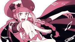 Rule 34 | 1boy, :d, asada hachi, braid, cape, classicaloid, commentary request, hat, highres, long hair, male focus, musical note, open mouth, outline, pink theme, pointing, pointing at viewer, shirt, simple background, single braid, smile, solo, star (symbol), star print, twitter username, upper body, watermark, white background, white outline, wolfgang amadeus mozart (classicaloid)
