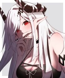 Rule 34 | 1girl, absurdres, arknights, bare shoulders, bikini, black bikini, black horns, border, breasts, cleavage, closed mouth, earrings, eyes visible through hair, grey background, hair behind ear, hand to own mouth, highres, horns, jewelry, large breasts, long hair, looking at viewer, mudrock (arknights), mudrock (silent night) (arknights), official alternate costume, outside border, paid reward available, pointy ears, red eyes, simple background, smile, solo, swimsuit, upper body, white border, white hair, worimehl