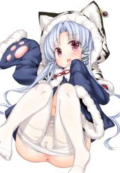 Rule 34 | 1girl, animal hood, anus, anus only, azur lane, blue hair, chang chun (azur lane), clothes pull, hair ornament, hairclip, hood, inyucchi, legs up, long hair, looking at viewer, open mouth, pantyhose, parted bangs, red eyes, simple background, solo, very long hair, white background, white pantyhose