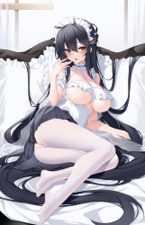 Rule 34 | 1girl, absurdly long hair, absurdres, ass, azur lane, between breasts, black hair, black skirt, blush, breasts, brown eyes, cameltoe, crotchless, crotchless pantyhose, feet, full body, hair ornament, hand up, heart, heart in eye, highres, indomitable (azur lane), large breasts, long hair, looking at viewer, lying, maid, maid headdress, miniskirt, no shoes, on side, open mouth, panties, pantyhose, pillow, pleated skirt, saliva, saliva trail, shirt, skirt, solo, symbol in eye, tongue, tongue out, underboob, underwear, very long hair, white panties, white pantyhose, white shirt, yuxian youka