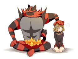 Rule 34 | 1girl, black shirt, blonde hair, blue eyes, blunt bangs, buttons, claws, closed mouth, commentary request, creatures (company), crossed legs, crossover, eyelashes, fire, floral print, flower, full body, game freak, gen 7 pokemon, hair flower, hair ornament, hand on another&#039;s head, hand on own knee, hands on lap, high-waist skirt, idolmaster, idolmaster million live!, incineroar, kneehighs, kneeling, light blush, light frown, long sleeves, looking to the side, medium hair, miniskirt, nintendo, no shoes, one eye closed, plaid, plaid skirt, pokemon, pokemon (creature), puff of air, purple eyes, red skirt, shadow, shirt, simple background, skirt, socks, suou momoko, white background, white flower, white socks, witoi (roa)