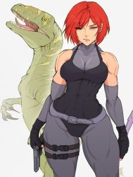 Rule 34 | 1girl, abs, beretta 92, bodysuit, breasts, capcom, covered abs, covered navel, dino crisis, dinosaur, freckles, gun, handgun, highres, holding, holding gun, holding knife, holding weapon, knife, medium breasts, muscular, muscular female, navel, red eyes, red hair, regina (dino crisis), short hair, skin tight, thick thighs, thighs, toned, weapon, white background, yoracrab