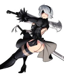 Rule 34 | 1girl, ass, back cutout, black dress, black hairband, blindfold, boots, breasts, claymore (sword), clothing cutout, covered eyes, dress, dual wielding, feather-trimmed sleeves, hairband, highres, holding, holding sword, holding weapon, katana, leotard, medium breasts, nier (series), nier:automata, radlionheart, reverse grip, silver hair, solo, sword, thigh boots, thighhighs, thighhighs under boots, transparent background, weapon, white leotard, 2b (nier:automata)