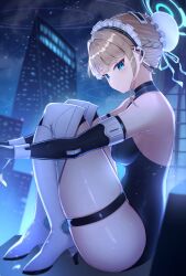 Rule 34 | 1girl, absurdres, ass, black bodysuit, blue archive, blue eyes, blurry, bodysuit, boots, braid, building, bun cover, commentary request, depth of field, eiryu33, from side, hair bun, head tilt, headset, high heels, highres, hugging own legs, knees to chest, knees up, light brown hair, long hair, looking at viewer, looking to the side, maid, maid headdress, night, night sky, official alternate costume, sidelocks, single braid, single hair bun, sitting, skindentation, sky, skyscraper, sleeveless, solo, star (sky), starry sky, thick thighs, thigh boots, thighs, toki (blue archive)